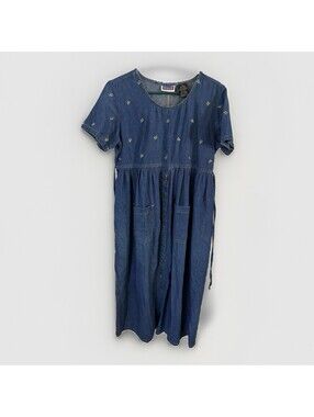 Erika & Co Denim Maxi Dress Size PM Embroidered Pockets Cottagecore  VTG